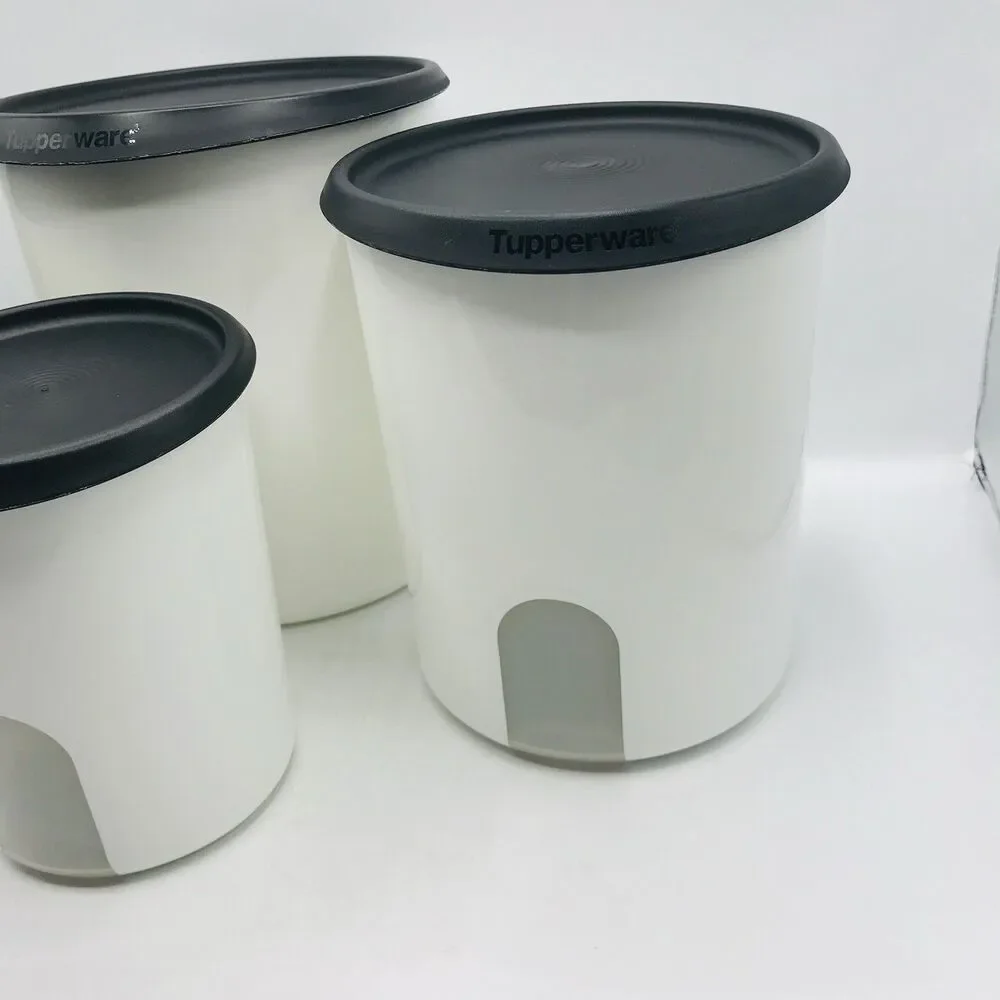 Tupperware One-Touch Reminder 4 Piece Canister Set White W/ Black Lids Tradition
